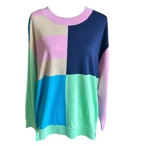 Lands' End Sweater Women's 1X (16W-18W) Color Block Cotton Knit Sweater Pullover